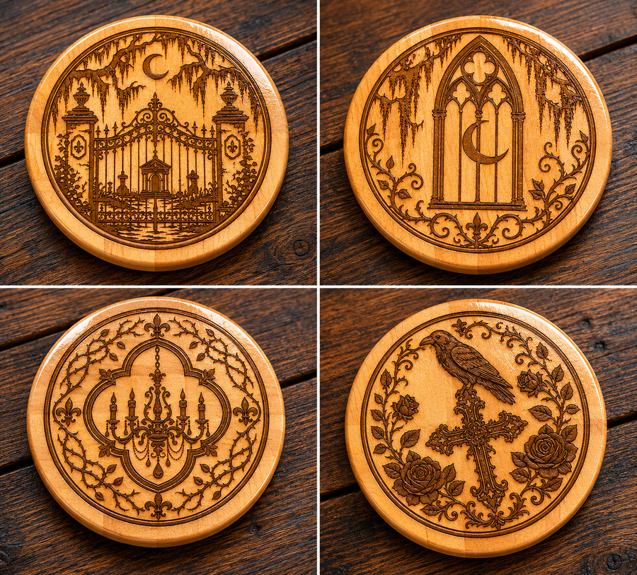 The Iron Gate Coaster Set – Luxury Handmade Southern Gothic Wooden Coasters, Set of 4